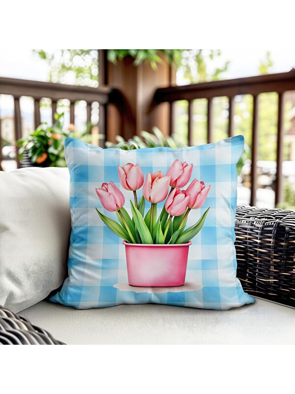 Evmila Bahar Temalı Kadife Kırlent Kılıfı 43x43 Cm Çift Taraf Baskı