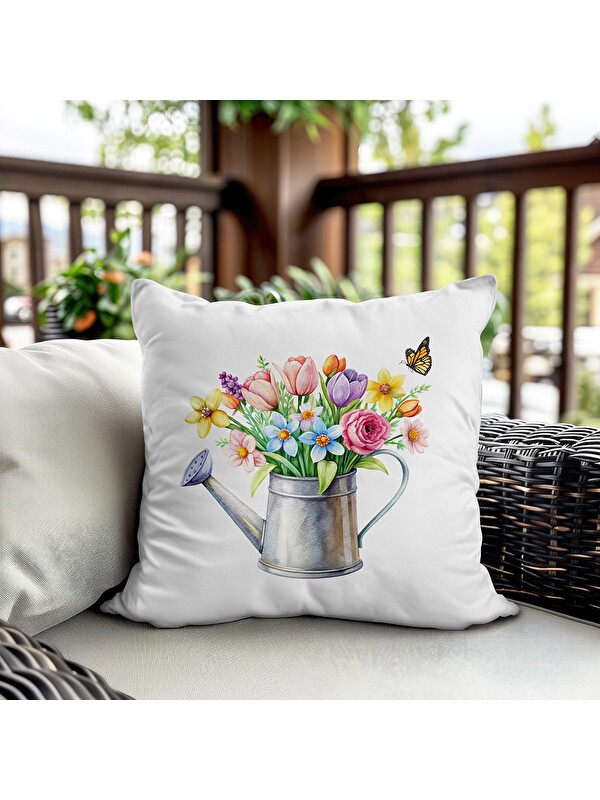 Evmila Bahar Temalı Kadife Kırlent Kılıfı 43x43 Cm Çift Taraf Baskı