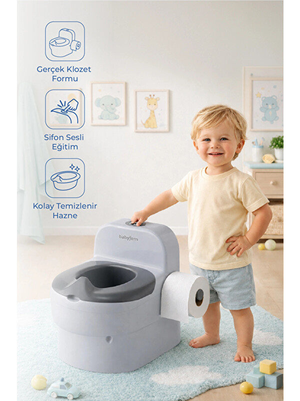 Babyjem Bebeğimin İlk Tuvaleti Sifon Sesli Lazımlık Oturak Soft Gri