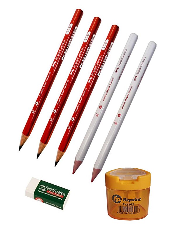 Artlantis Jumbo Üçgen İlk Kalemim Seti 1 Adet Kurşun Kalem Kırmızı Başlık Kalemi Beyaz Silgi Sarı Kalemtıraş