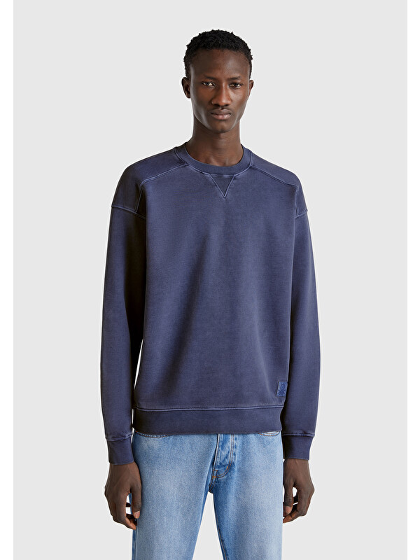 United Colors Of Benetton Erkek İndigo Pamuklu Logo Etiketi Detaylı Bisiklet Yaka Sweatshirt