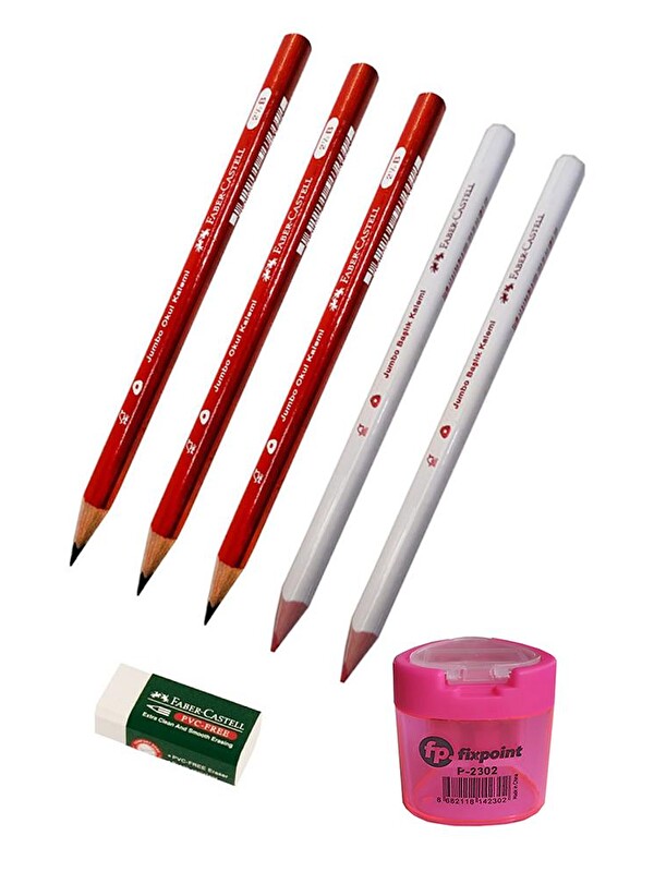 Artlantis Jumbo Üçgen İlk Kalemim Seti 1 Adet Kurşun Kalem Kırmızı Başlık Kalemi Beyaz Silgi Pembe Kalemtıraş
