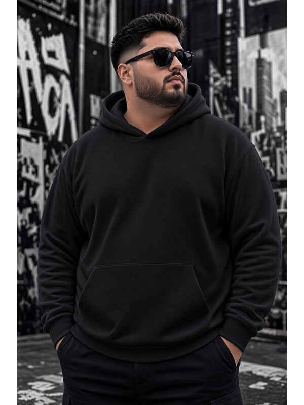 Oksit Bery Büyük Beden Erkek Kapüşonlu Basic Sweatshirt İki İplik Şardonlu Kanguru Cepli