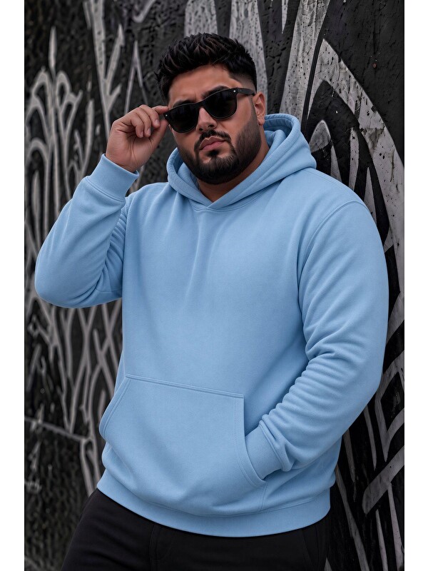 Oksit Bery Büyük Beden Erkek Kapüşonlu Basic Sweatshirt İki İplik Şardonlu Kanguru Cepli