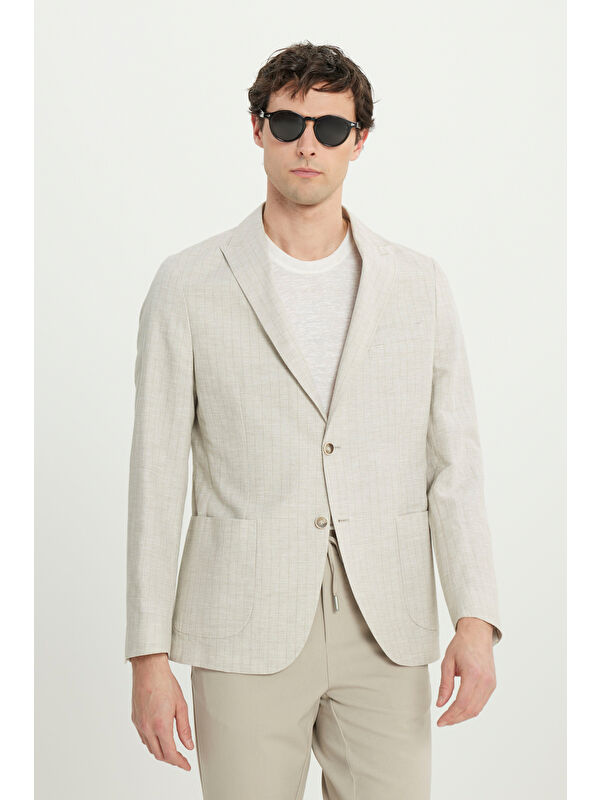 Altınyıldız Classics Erkek Bej Keten Slim Fit Dar Kesim Kırlangıç Yaka Torba Cepli Çizgili Blazer Ceket