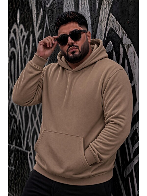 Oksit Bery Büyük Beden Erkek Kapüşonlu Basic Sweatshirt İki İplik Şardonlu Kanguru Cepli