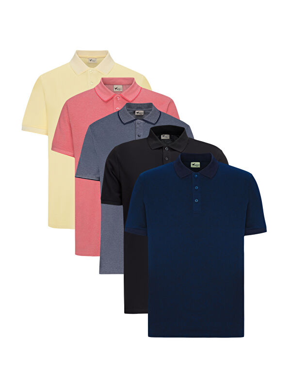 AC&Co / Altınyıldız Classics Erkek SIYAH-NARCICEGI-SARI-LACIVERT-LACI 5'li Paket Pamuklu Kumaş Slim Fit Polo Yaka Tişört