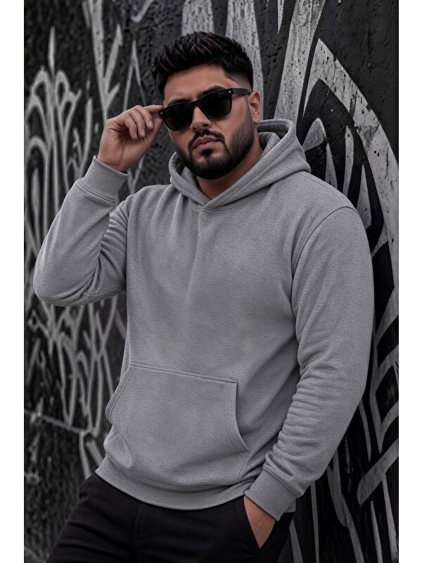 Oksit Bery Büyük Beden Erkek Kapüşonlu Basic Sweatshirt İki İplik Şardonlu Kanguru Cepli
