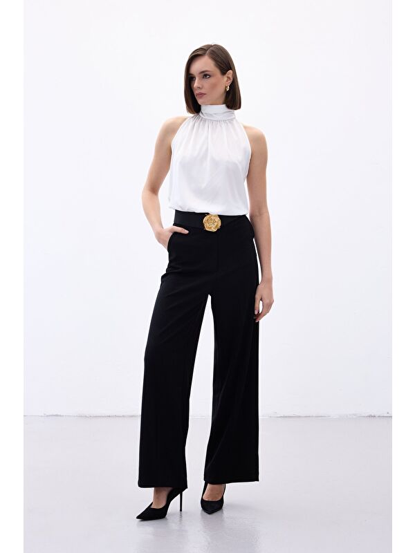 SATEEN Palazzo Krep Pantolon - Siyah