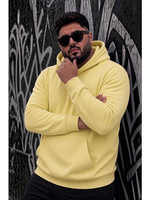 Oksit Bery Büyük Beden Erkek Kapüşonlu Basic Sweatshirt İki İplik Şardonlu Kanguru Cepli