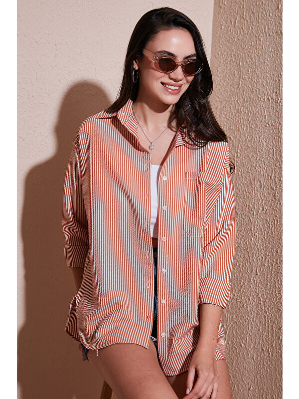 Lela Regular Fit Uzun Kollu Cepli Çizgili Kadın Gömlek 6772895
