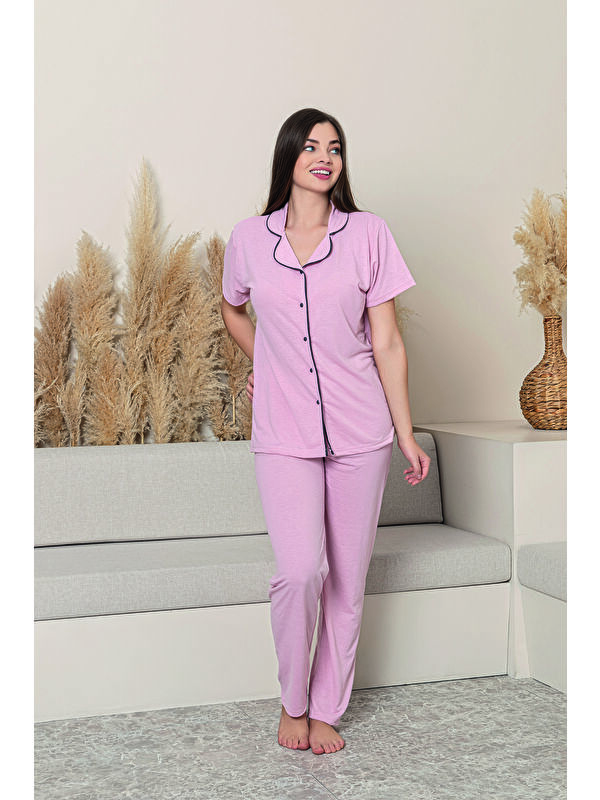 Formo Kadın %100 Pamuk Biyeli Yüksek Kaliteli Gömlek Yaka Düğmeli Kısa Kollu Pijama Takımı