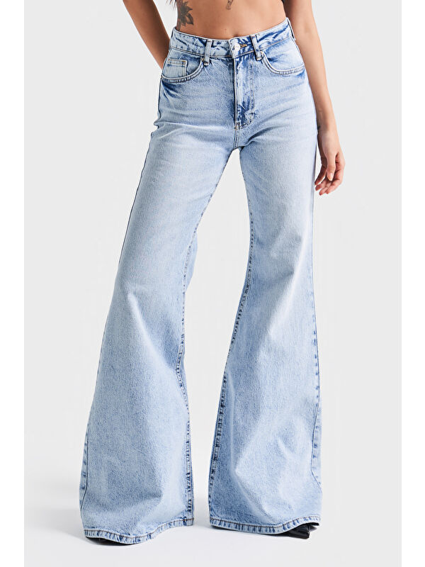 It's Basic Kadın Jean Rengi 4s5-3 Flare Fit Bol Paça %100 Pamuk İç Boy 83cm Denim Jean