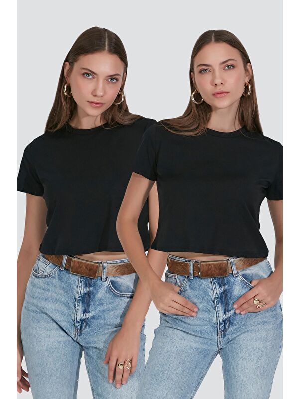 C&City Bisiklet Yaka Kısa Kol 2'Li Crop T-Shirt 956 Siyah