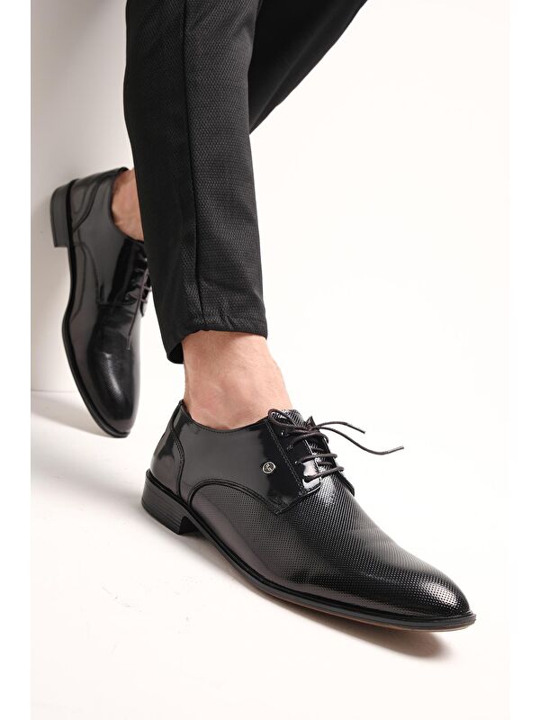 Falc 102 Rozet Detaylı Dokulu Siyah Rugan Erkek Klasik Ayakkabı - Görsel 2