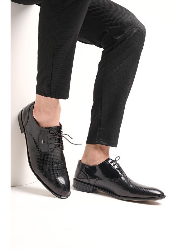 Falc 102 Rozet Detaylı Dokulu Siyah Rugan Erkek Klasik Ayakkabı - Görsel 3