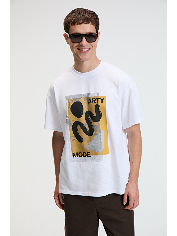 GRIMELANGE VIBE Erkek %100 Pamuk Oversıze Fit Baskılı Kısa Kollu Yuvarlak Yakalı BEYAZ T-Shirt