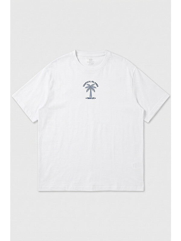 Tommylife Beyaz Rahat Form Baskılı Battal Büyük Beden Kısa Kollu Erkek T-Shirt - 88473