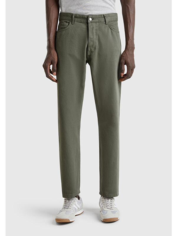 United Colors Of Benetton Soluk Yeşil %100 Pamuk Beli Logo Etiketli 5 Cepli Straight Fit Erkek Pantolon