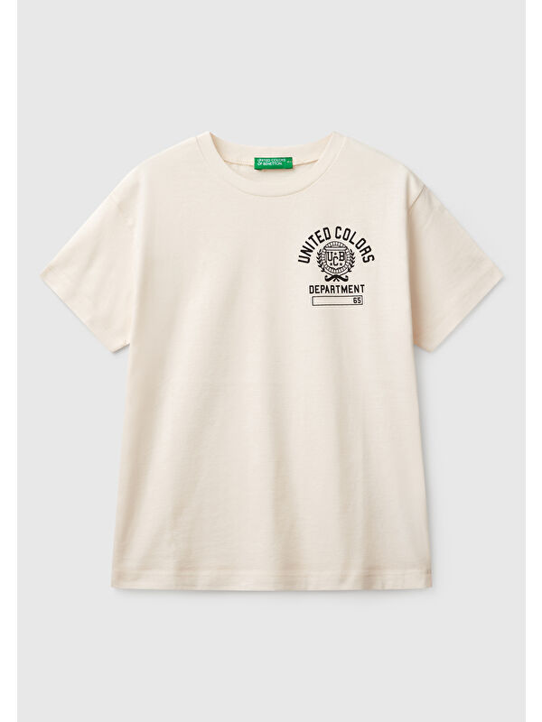 United Colors Of Benetton Erkek Çocuk Ekru Benetton Logo Baskılı Tişört