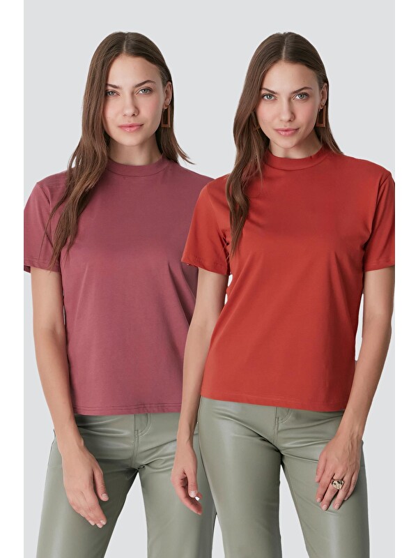 C&City Dik Yaka Kısa Kol 2'li Basic T-Shirt 957 Kiremit/Gül Kurusu