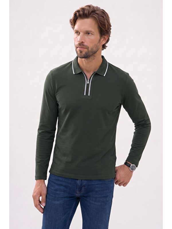 TUDORS Erkek Slim Fit Dar Kesim %100 Pamuk Uzun Kollu Fermuarlı Haki Polo Yaka Tişört