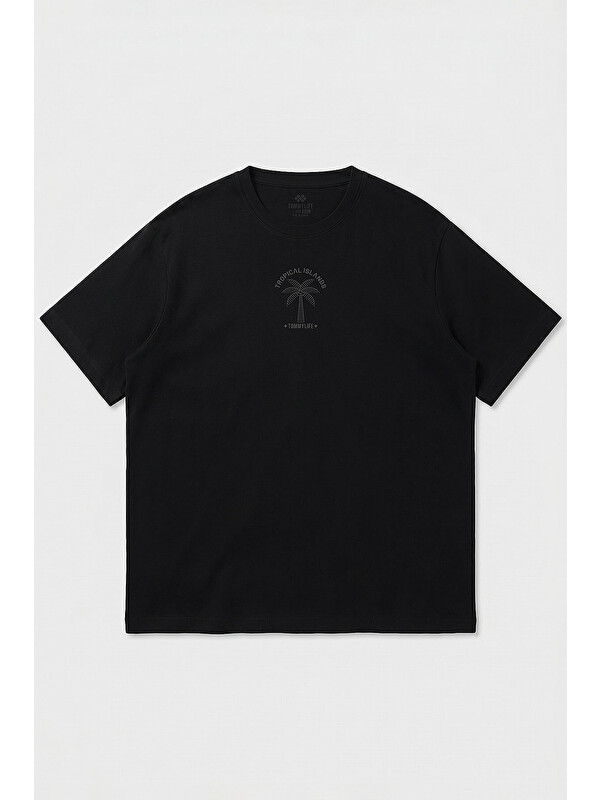 Tommylife Siyah Rahat Form Baskılı Battal Büyük Beden Kısa Kollu Erkek T-Shirt - 88473