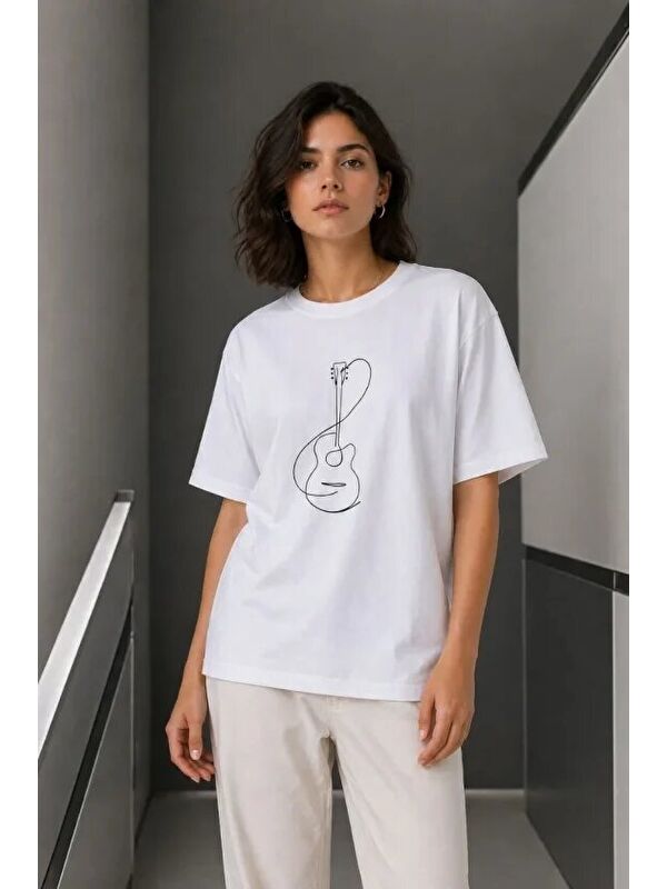 Jane's Minimal Gitar Baskılı Tişört T-Shirt Yazlık Kısa Kol Bisiklet Yaka T-Shirt - Beyaz