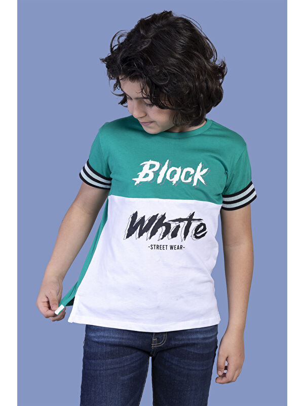 Toontoykids Erkek Çocuk Kolları Şerit Detaylı İki Renkli Baskılı Tişört