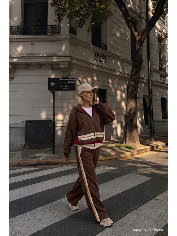It's Basic Kadın Kahve w6-16 Üst Sweatshirt Polar Alt Eşofman Pantolon 2'li Tasarım Takım