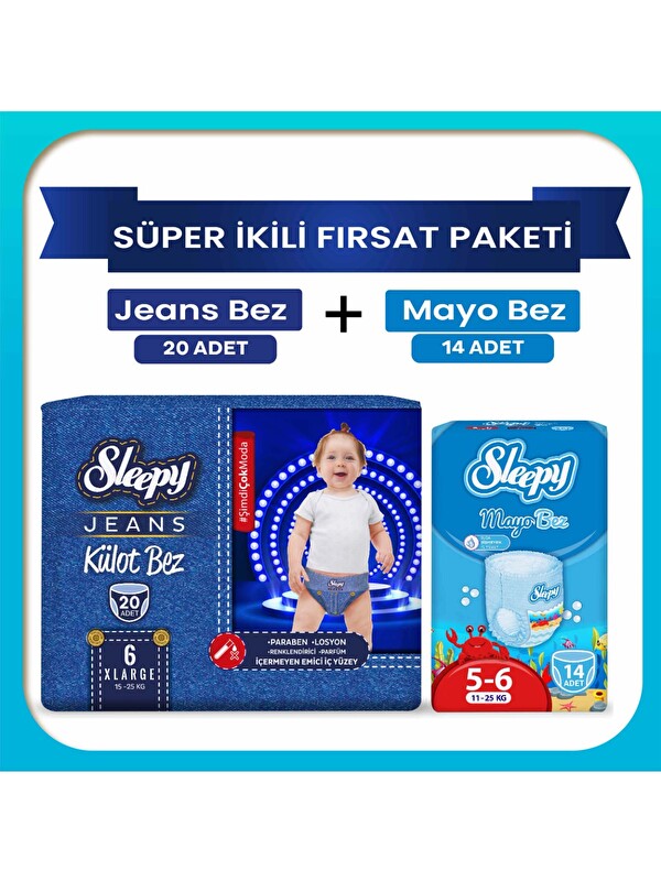 Sleepy Süper 2'li Fırsat Paketi(Jeans Külot Bez 6 Numara 20 Adet + Mayo Külot Bez 6 Numara 14 Adet)
