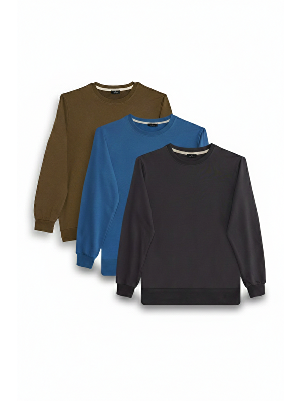 TUDORS Erkek 3'Lü Füme-Mavi-Yeşil Relax Fit Rahat Kesim %100 Pamuk 2 İplik Bisiklet Yaka Sweatshirt