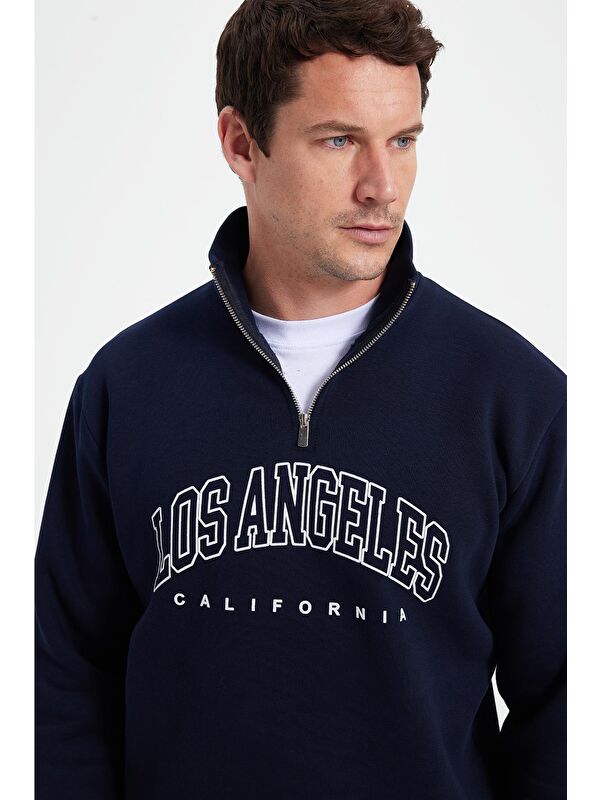 TUDORS Erkek Relax Fit Rahat Kesim Pamuklu Yarım Fermuarlı Baskılı Lacivert Sweatshirt