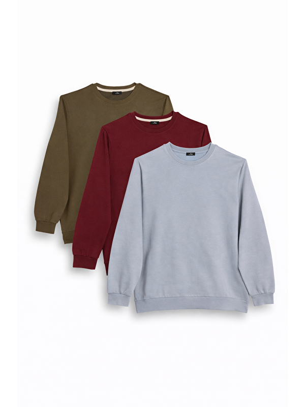 TUDORS Erkek 3'Lü Haki-Bordo-Gri Relax Fit Rahat Kesim %100 Pamuk 2 İplik Bisiklet Yaka Sweatshirt