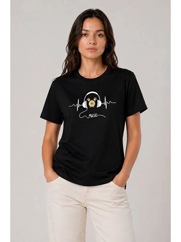Jane's Müzik Temalı Baskılı Tişört Bisiklet Yaka Kısa Kol T-Shirt - Siyah