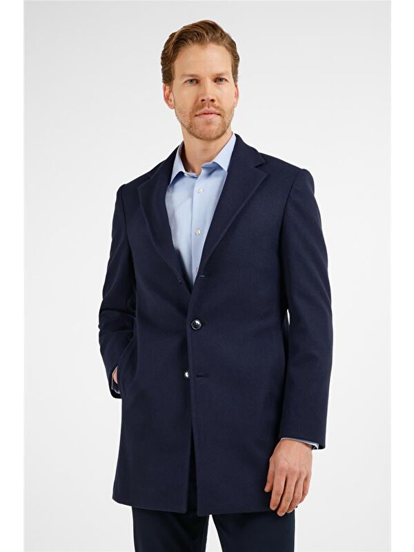 İMZA Koyu Lacivert Mono Yaka Esnek Slim Fit Classic Kaşe Palto 1005255101
