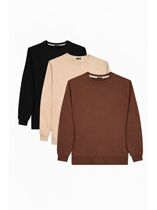TUDORS Erkek 3'Lü Kahverengi-Taş-Siyah Relax Fit Rahat Kesim %100 Pamuk 2 İplik Bisiklet Yaka Sweatshirt