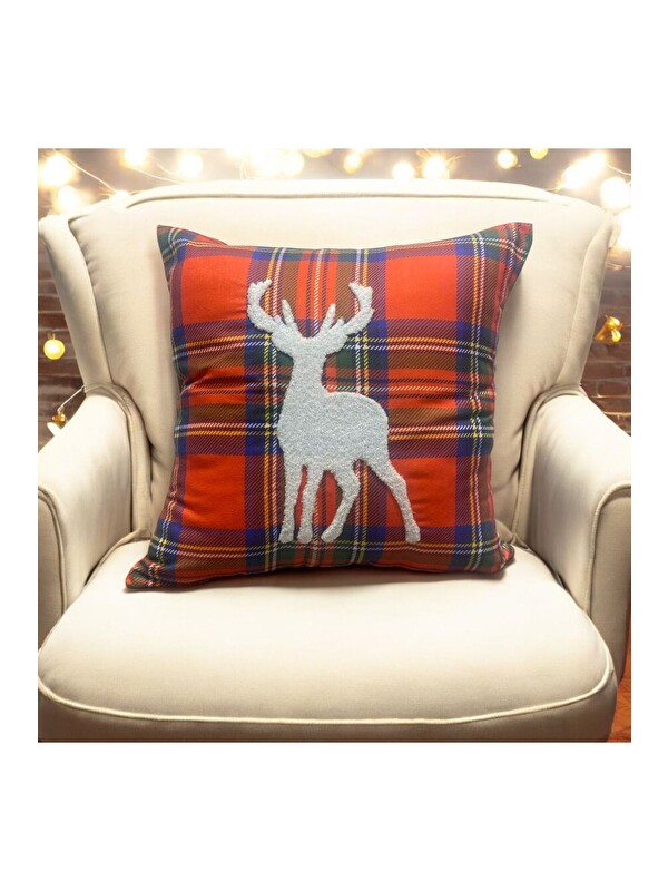 Asdiva Outlet Yılbaşı Kırlent Kılıfı Kırmızı Ekose Kumaş Beyaz Punch Geyik Desenli Süzene Panç 43x43