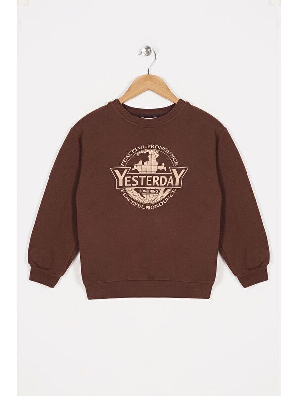 Zepkids Bisiklet Yaka Uzun Kol Yesterday Yazı Baskılı Kahverengi Renk Kız Çocuk Sweatshirt