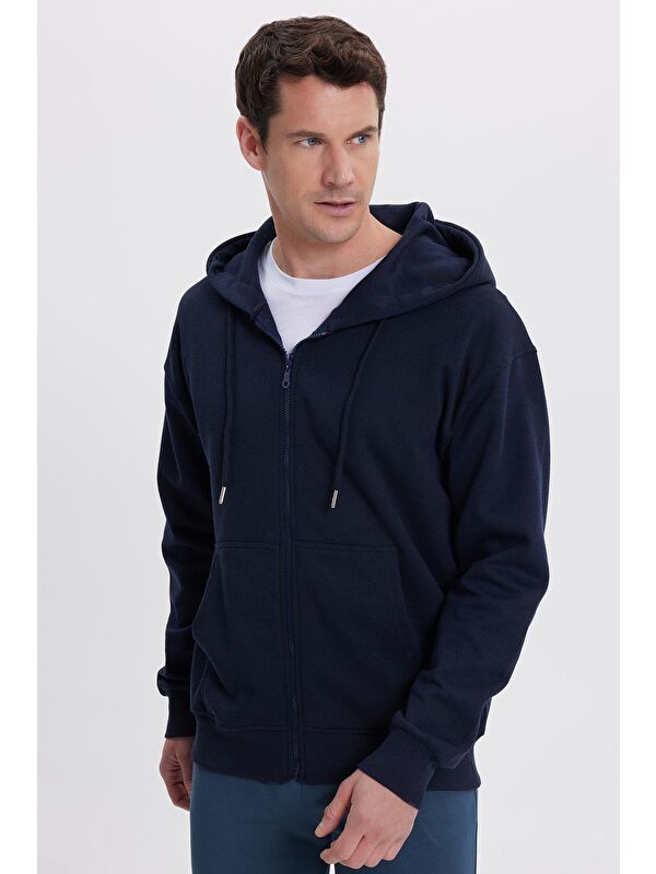 TUDORS Erkek Relax Fit Rahat Kesim Pamuklu Tam Fermuarlı Kanguru Cepli Sırt Çantalı Lacivert Sweatshirt