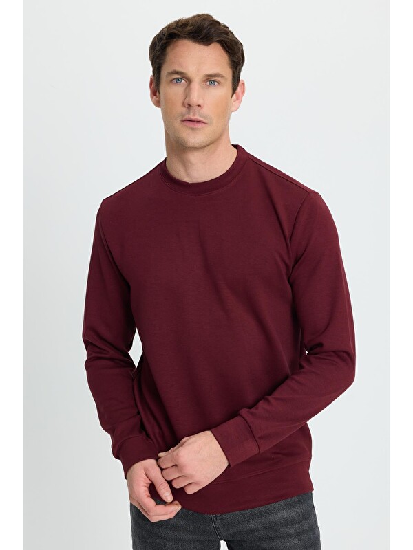 TUDORS Erkek Standart Fit Normal Kesim Uzun Kollu Ekstra Soft Modal Kumaş Bisiklet Yaka Bordo Sweatshirt