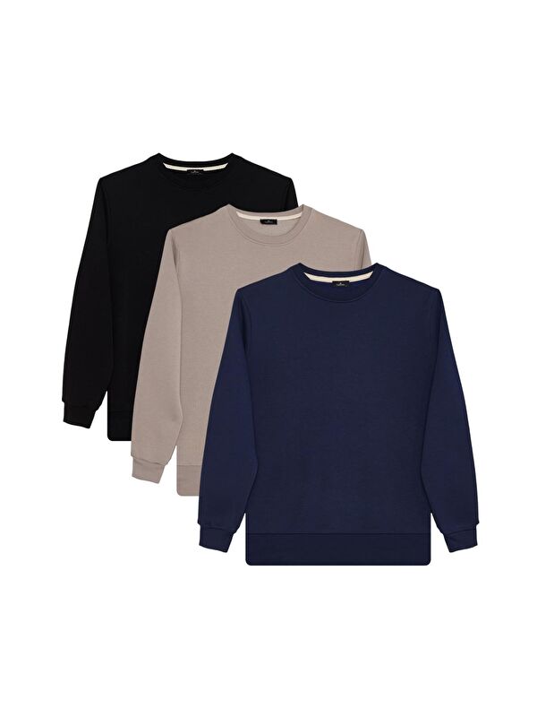 TUDORS Erkek 3'Lü Lacivert-Taş-Siyah Relax Fit Rahat Kesim %100 Pamuk 2 İplik Bisiklet Yaka Sweatshirt