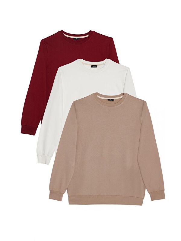 TUDORS Erkek 3'Lü Taş-Beyaz-Bordo Relax Fit Rahat Kesim %100 Pamuk 2 İplik Bisiklet Yaka Sweatshirt