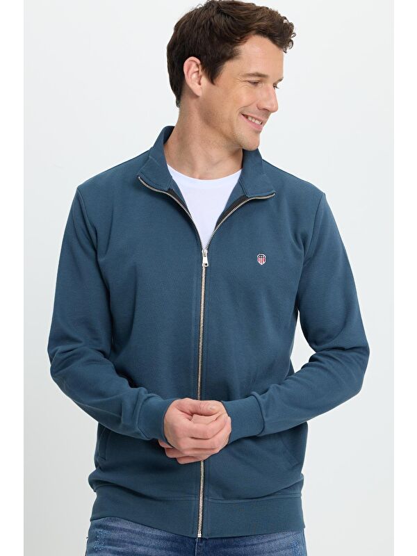TUDORS Erkek Slim Fit Dar Kesim Pamuklu Tam Fermuarlı Çift Cepli Dik Yaka Petrol Sweatshirt Hırka