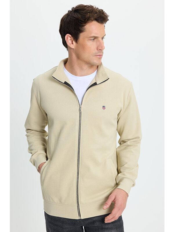 TUDORS Erkek Slim Fit Dar Kesim Pamuklu Tam Fermuarlı Çift Cepli Dik Yaka Krem Sweatshirt Hırka