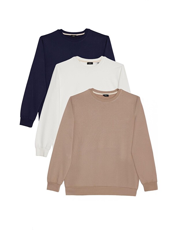 TUDORS Erkek 3'Lü Taş-Beyaz-Lacivert Relax Fit Rahat Kesim %100 Pamuk 2 İplik Bisiklet Yaka Sweatshirt