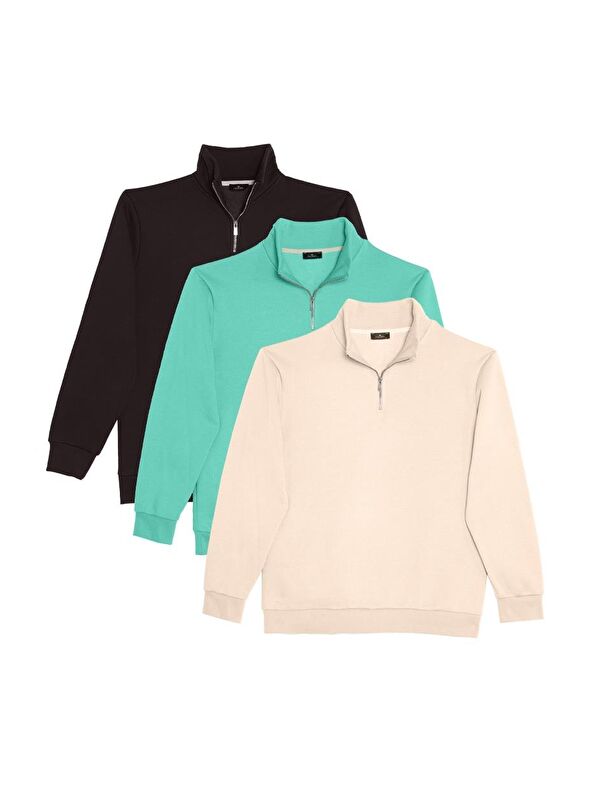 TUDORS Unisex 3'Lü Paket Kahverengi-Yeşil-Ekru Relax Fit Pamuklu Yarım Fermuarlı Dik Yaka Sweatshirt