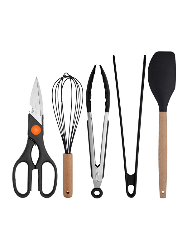 Kitchen Design Lab Siyah Bambu Silikon - Kepçe Kaşık Kevgir Makarna 2 Spatula Silikon Metal Maşa Makas Çırpıcı