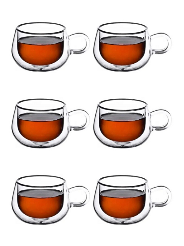 Kitchen Design Lab Çift Cidarlı 200 ml Kulplu Cam Bardak Çay Neskafe Fincanı  6 Adet 2673