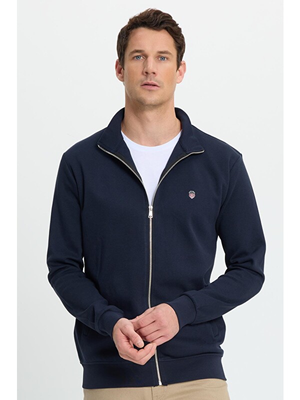 TUDORS Erkek Slim Fit Dar Kesim Pamuklu Tam Fermuarlı Çift Cepli Dik Yaka Lacivert Sweatshirt Hırka